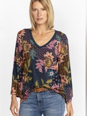 Johnny Was Navy Floral V-Neck Blouse with Multicolor Blooms